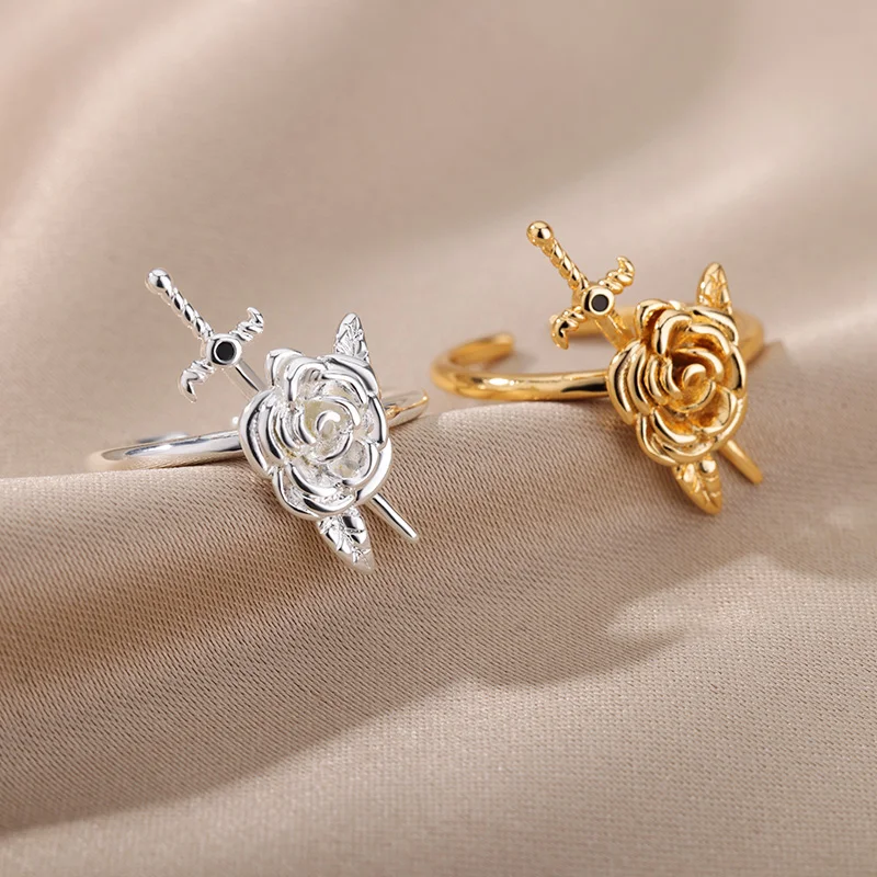 Vintage Rose Flower Sword Pendants Rings For Women Stainless Steel Romantic Flower Finger Couple Ring Wedding  Jewelry Gift 2025