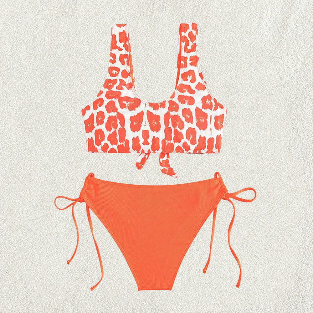 Conjunto de Bikinis de leopardo naranja, Bikini anudado, Top Tankini, traje de baño para vacaciones, traje de baño con Tanga para mujer Y2K, traje de baño para playa