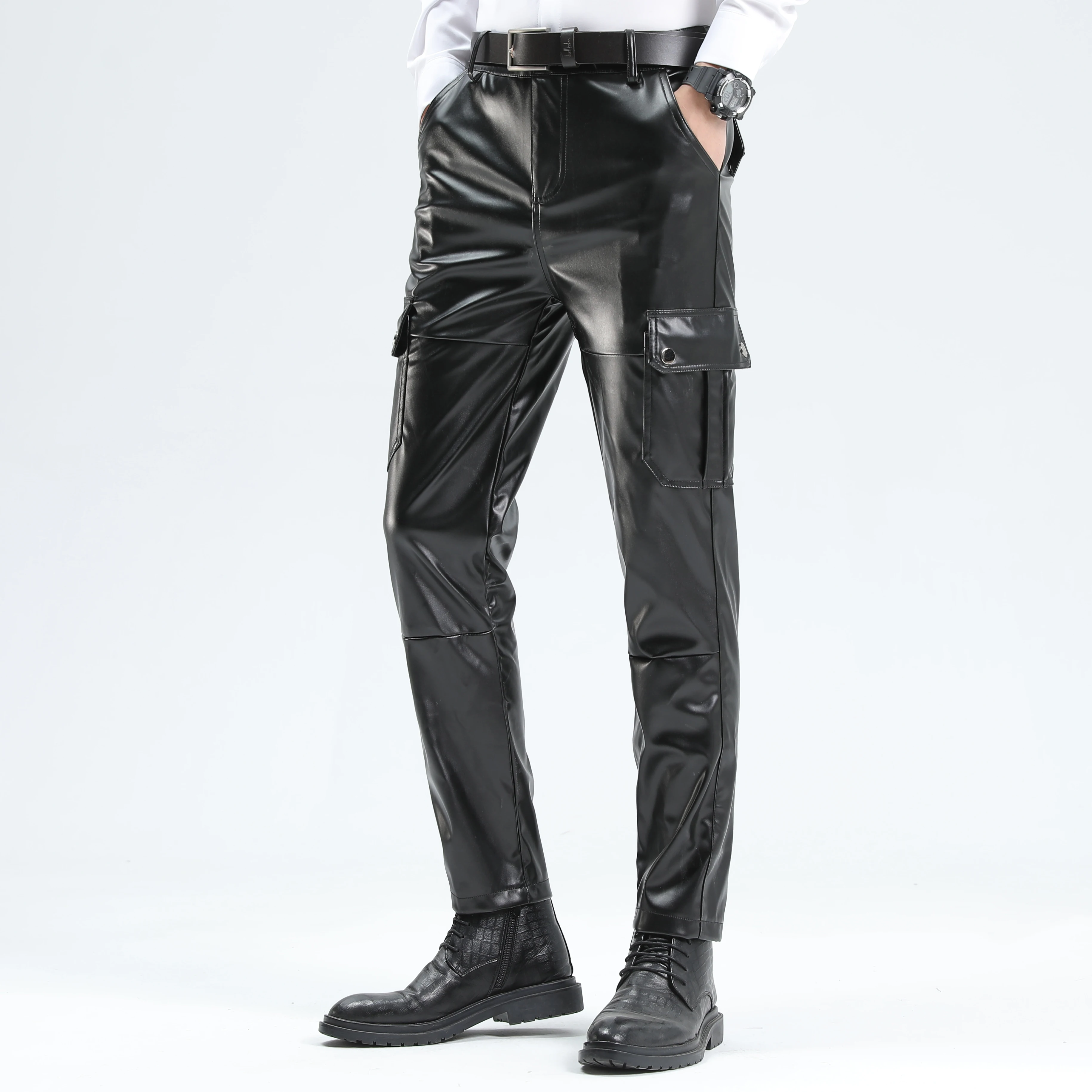 Men Leather Pants Superior Quality Elastic Male Fashion Motorcycle Faux Leather Trousers Rock Streetwear Pockets