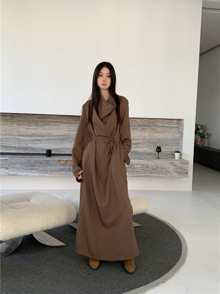 CHEERART Designer Brown Lace Up Maxi Dress For Women Long Sleeve Oversized Long Dress High Fashion Trendy Clothes