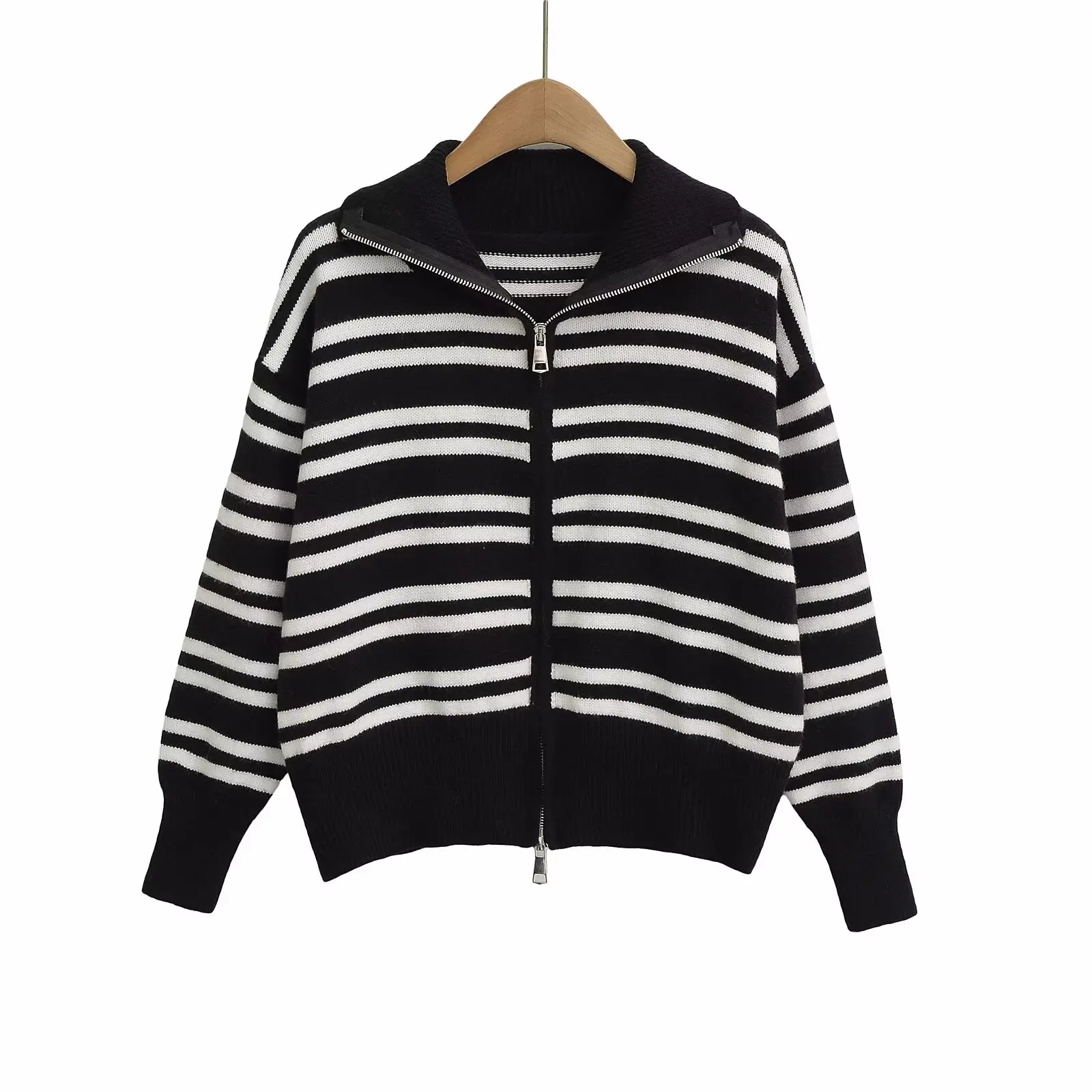 

UNIZERA women's cardigan jacket long sleeved striped lapel fashionable zipper style autumn new cardigan jacket