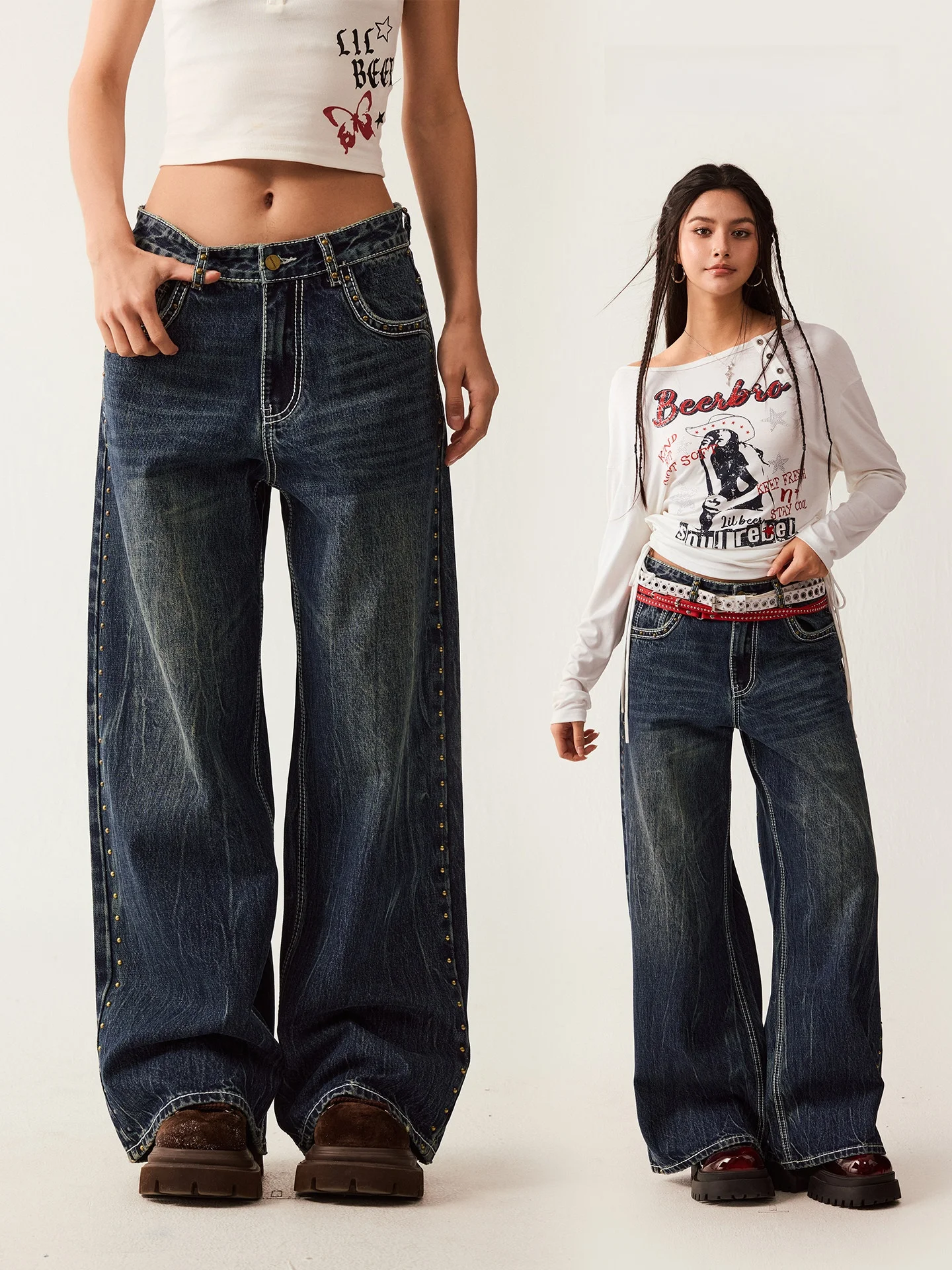 

BeerBro New Journey Women's Loose Straight Leg Jeans Printed Back Wings Nail Trim Cotton Low Waist Button Pure Color