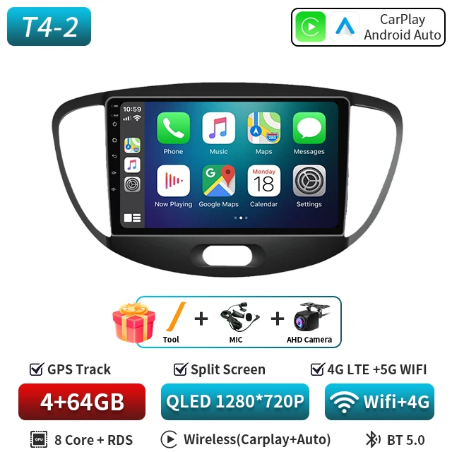 Android 16 CarPlay Auto 5G WIFI Autoradio Voor Hyundai i10 2007 2008 2009 2010 2011 2012 2013 GPS multimedia Spelerereo BT DVD