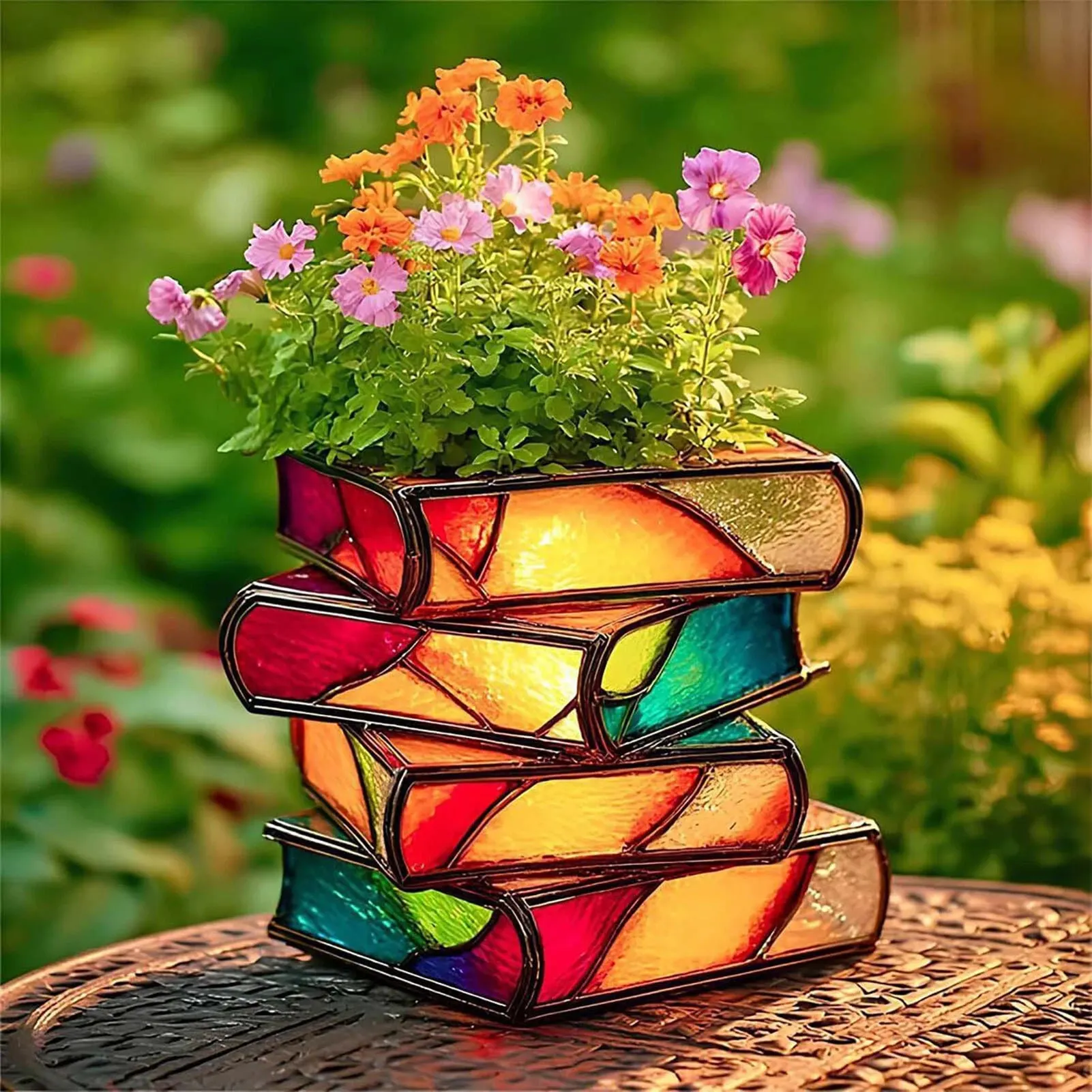 Stacked Books Flower Pot Tilted Books Tower Rainbow Glow Design Gift for Mother Teachers Readers Plant Lovers  Decorations