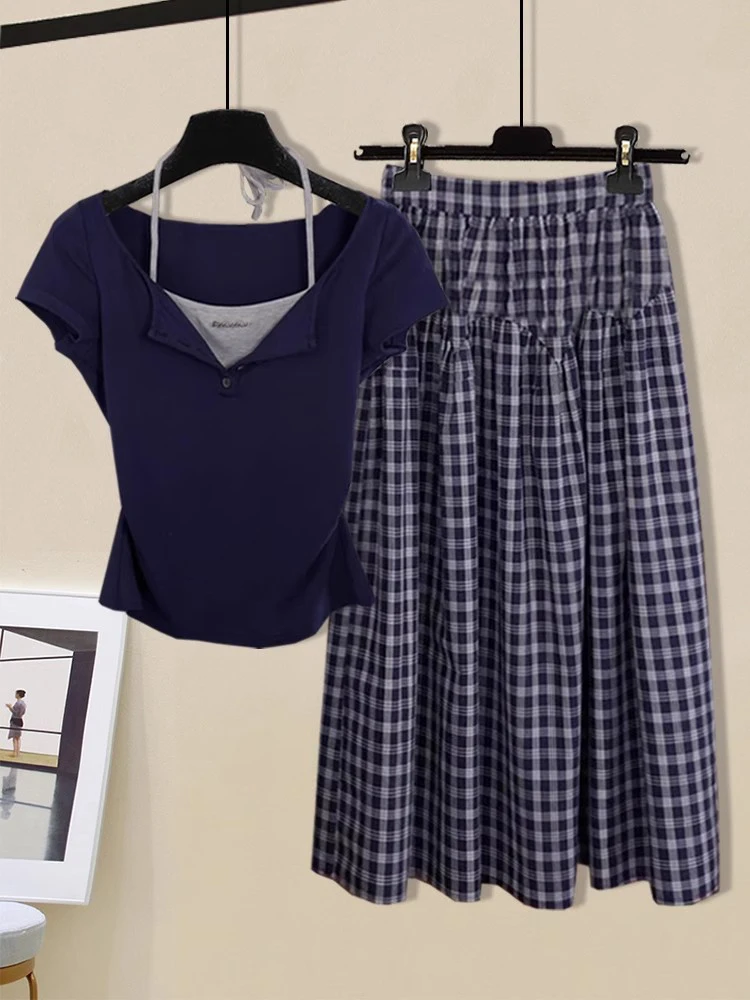 

Модный комплект Ele Spicy Girl: футболка с коротким рукавом и юбка в клетку, лето 2025