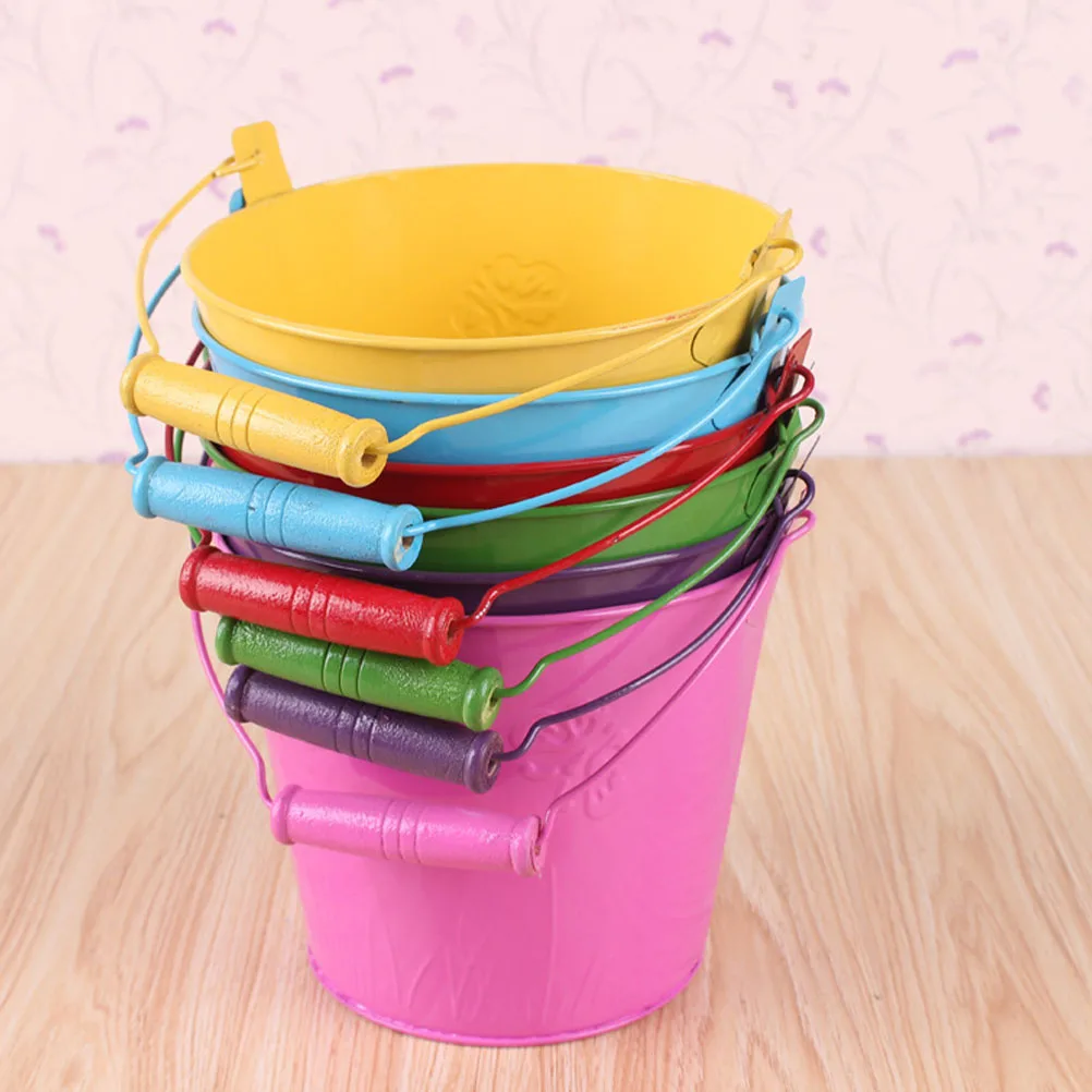 Cubo de playa para niños, juguete colorido con mango de madera, regalo, tamaño pequeño, ligero, divertido, herramientas de juego de arena, 6 uds.