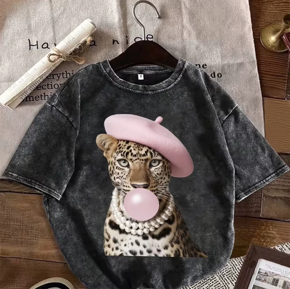 2026 Hot Sale Summer Vintage Washed Black Oversized T-Shirt Stylish Leopard Print Streetwear Casual Short Sleeve Crewneck Tee