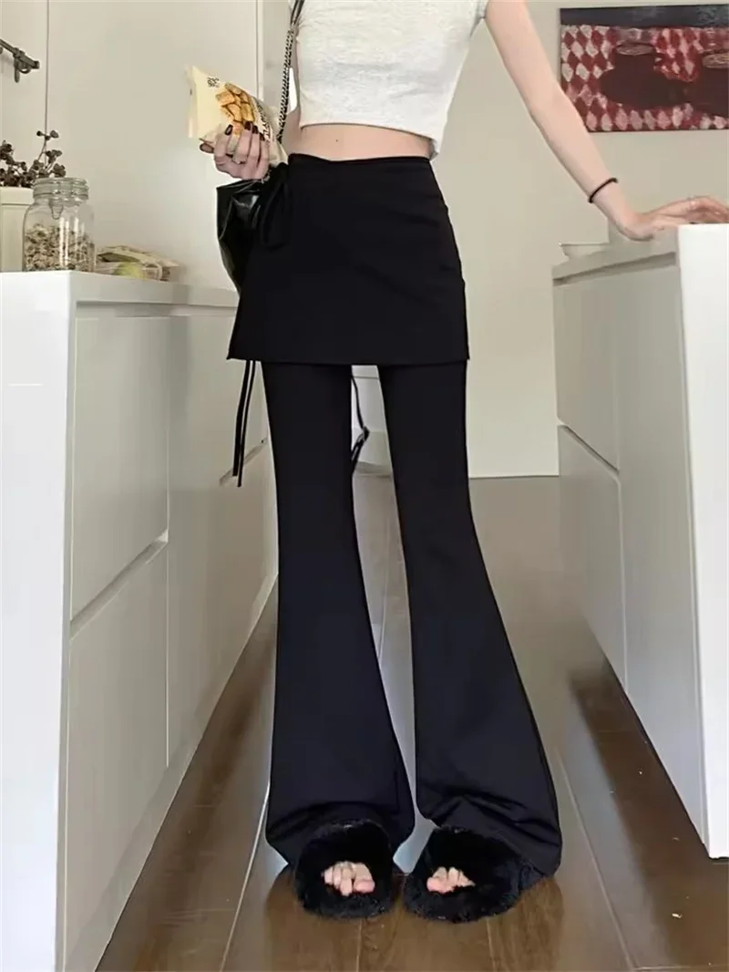 Pop Pop Black High Waist Slim Fit Pants Women's Summer Thin Belted Fake Two-Piece Design Commute Hoof Micro Flared Straight Leg