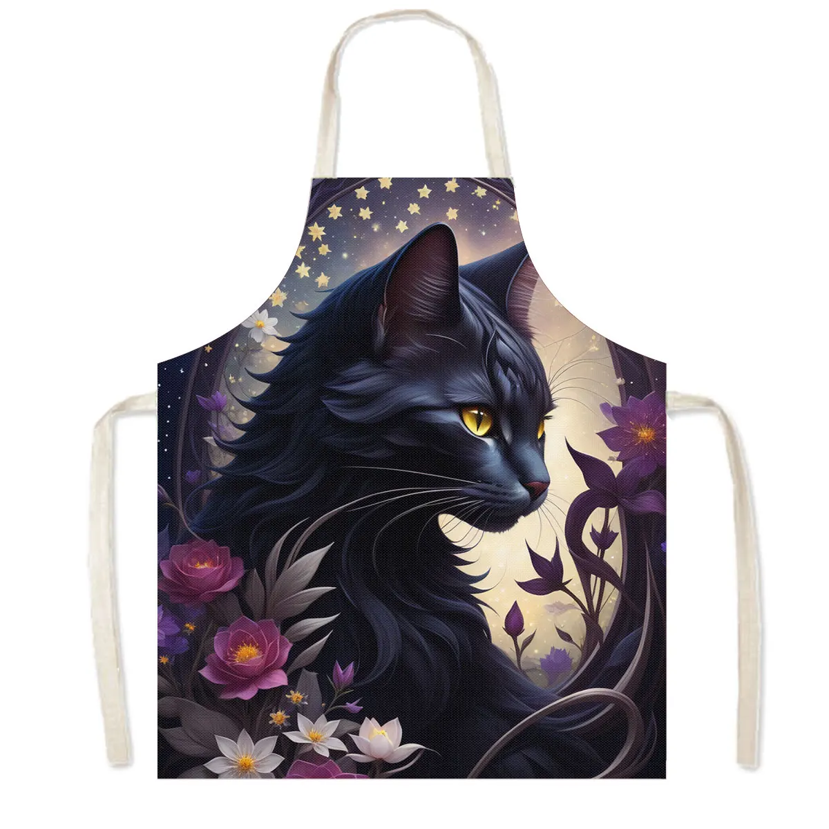 Mysterious Black Cat Print Kitchen Aprons Fantasy Pattern Children Bib Women Men Home Cleaning Clothing Tools Linen Pinafore