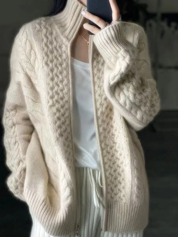 Autumn And Winter New Thick Turtleneck Cashmere Knitted Cardigan Women's Loose Wool Sweater Cardigan Larg Size Female Jacket Top