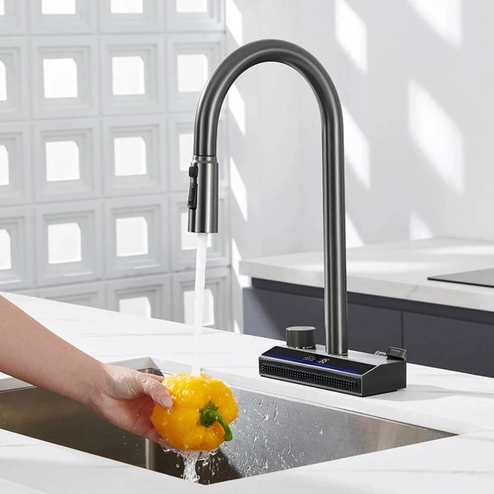 

Waterfall Kitchen Cold & Hot Faucet 4 Mode Water Out Brass Body Material 60 cm Hose Pull Down Four Color White, Black ,Gun Grey