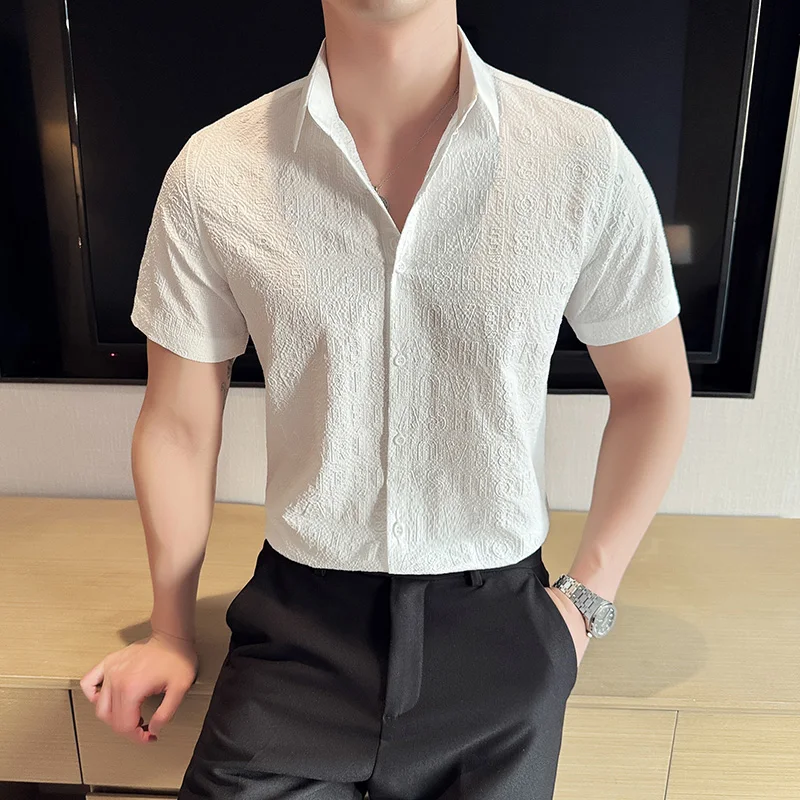 Summer Short Sleeve Letter Printed Shirts For Men British Style Men's Summer Clothing Slim Fit Casual Plain Shirt Plus Size 4XL