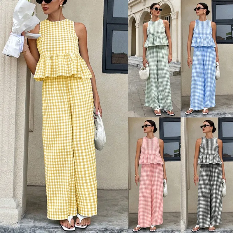 

Women's Two-piece Ruffle Skirt Top High-waisted Straight Trousers 2026 Fashionable Casual Round Neck Sleeveless Plaid Suit