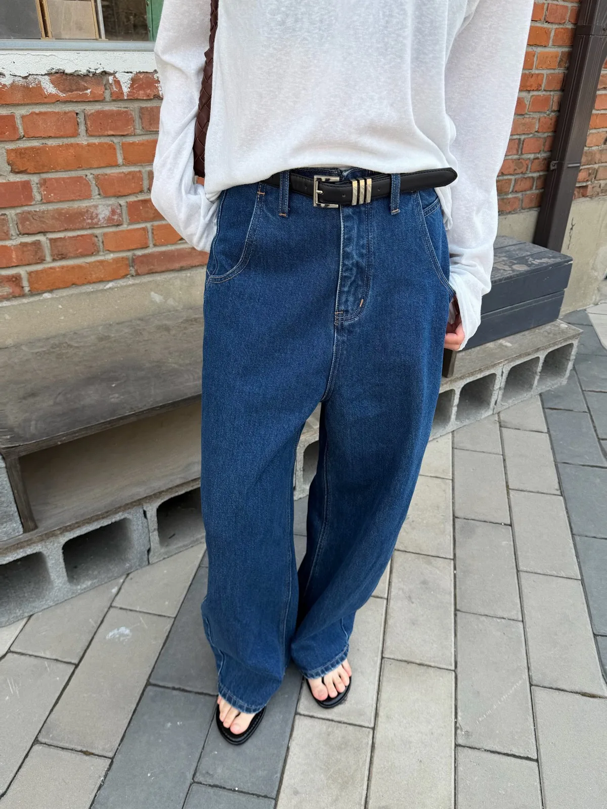 

Deep Blue Wide Leg Straight Cut Jeans Women's High Waist Slimming Long Trousers American Style Acrab Brand Ladies Denim Jeans