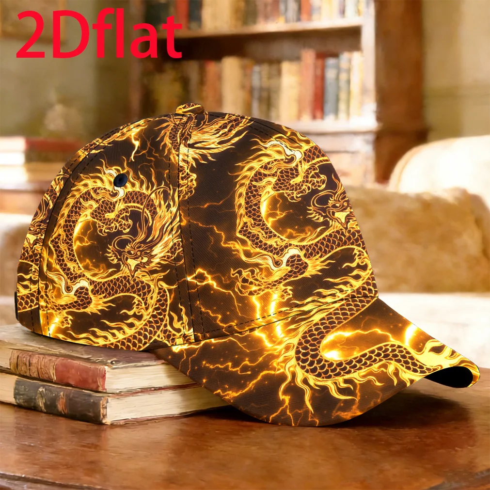 Golden Chinese Dragons Amidst Lightning Baseball Cap Fishing Trip Full Print Jogging Cab Driver Cap Outdoor Sports