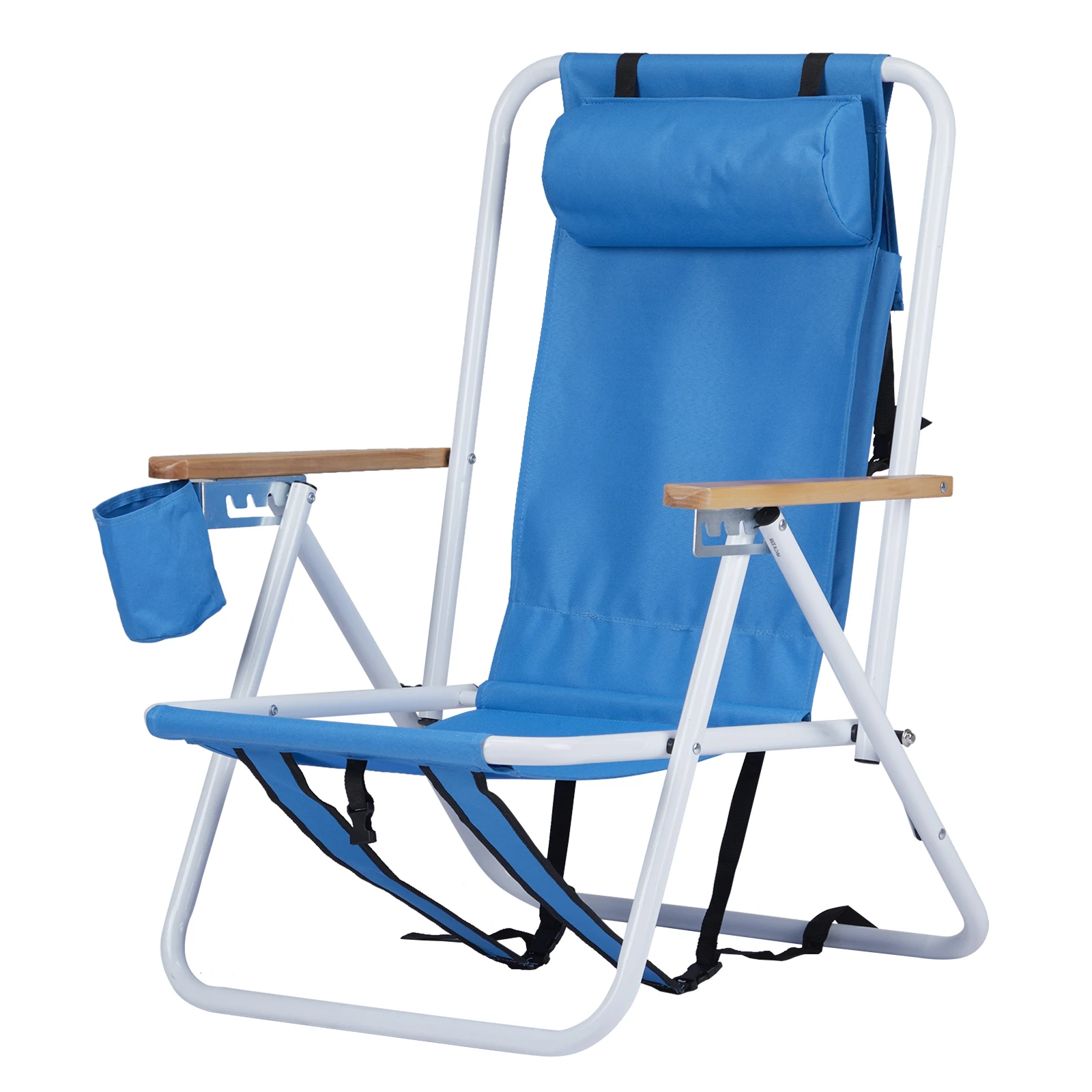

Set of 2 Folding Beach Chairs 4-Position Camping Chair with Headrest Cup Holder Wooden Armrests Blue