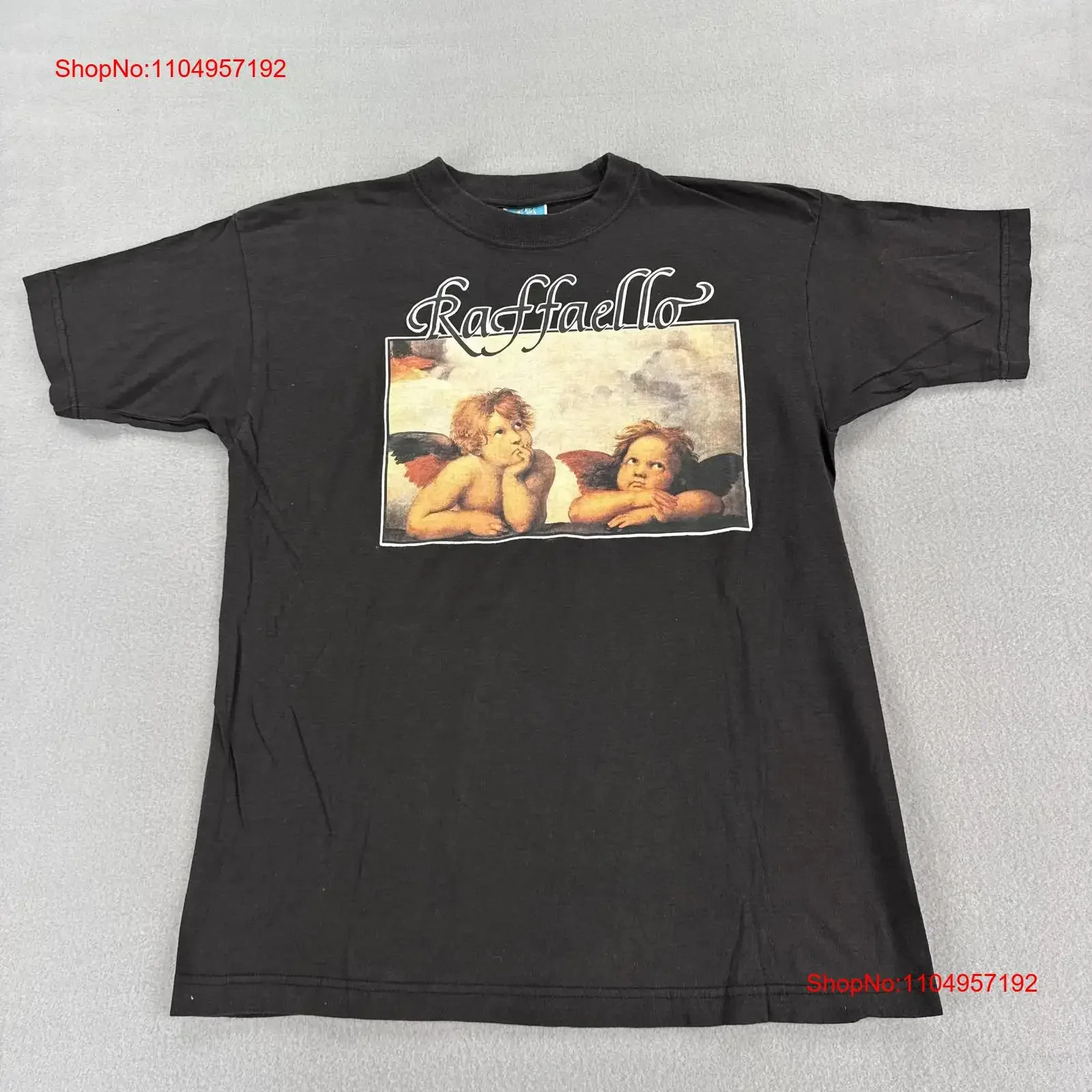 تي شيرت كلاسيكي من Raffaello تي شيرت رجالي كبير أسود ملائكة الكروب عصر النهضة فن 90s عتيق مغسول ناعم غير رسمي جرافيك أنيق