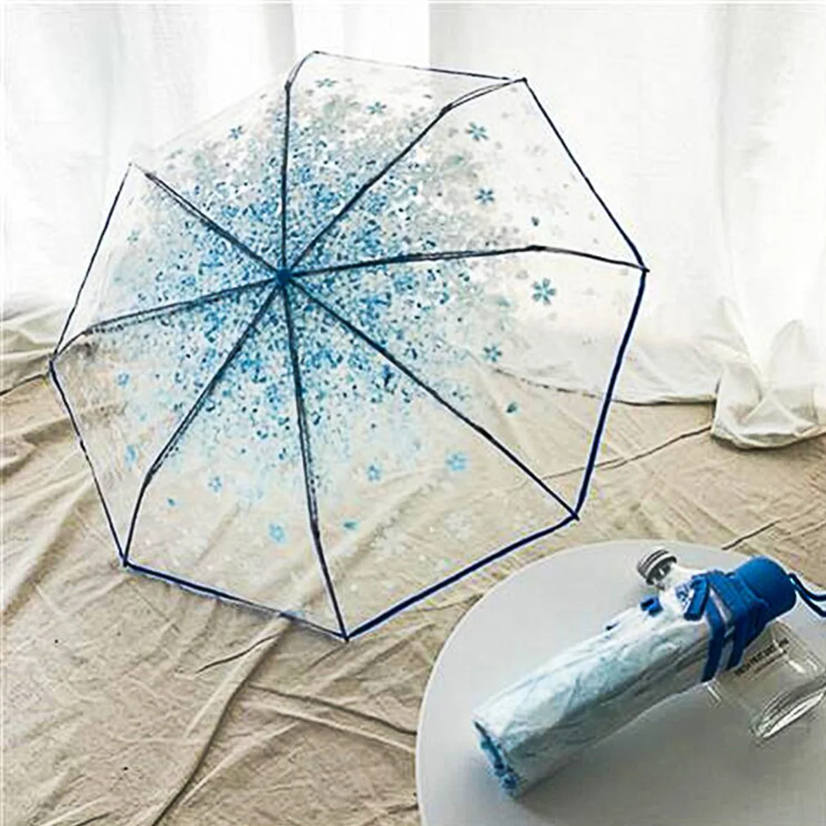 Korean Umbrella Folding Cute Korean Mini Fresh Simple Sen Series Trifold Japanese Cherry Blossom Transparent Umbrella