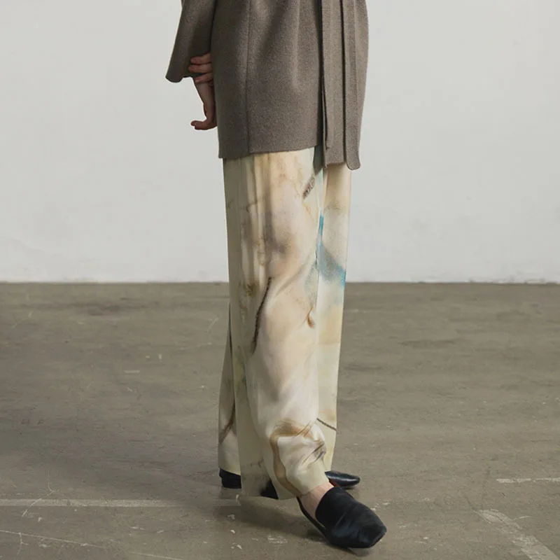 

Women True Silk Forged Casual Pants Female Ink Halo Dyed High Waist Elastic Tight Silk Smooth Wide Legs Trousers Spring Summer