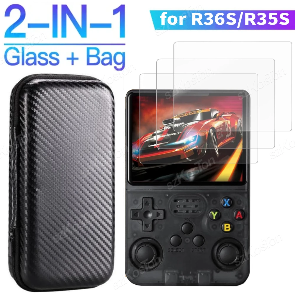 Glas + Tasche für R36S / R35S Handheld-Spielekonsole, Displayschutzfolie aus gehärtetem Glas und Tragetasche, R36S Gaming-Zubehör
