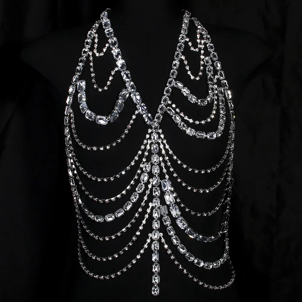 Stonefans Exaggerated Large Rhinestone Body Chain Jewelry Halloween Carnival Costume Crystal Chest Chain Lingerie Rave Outfits