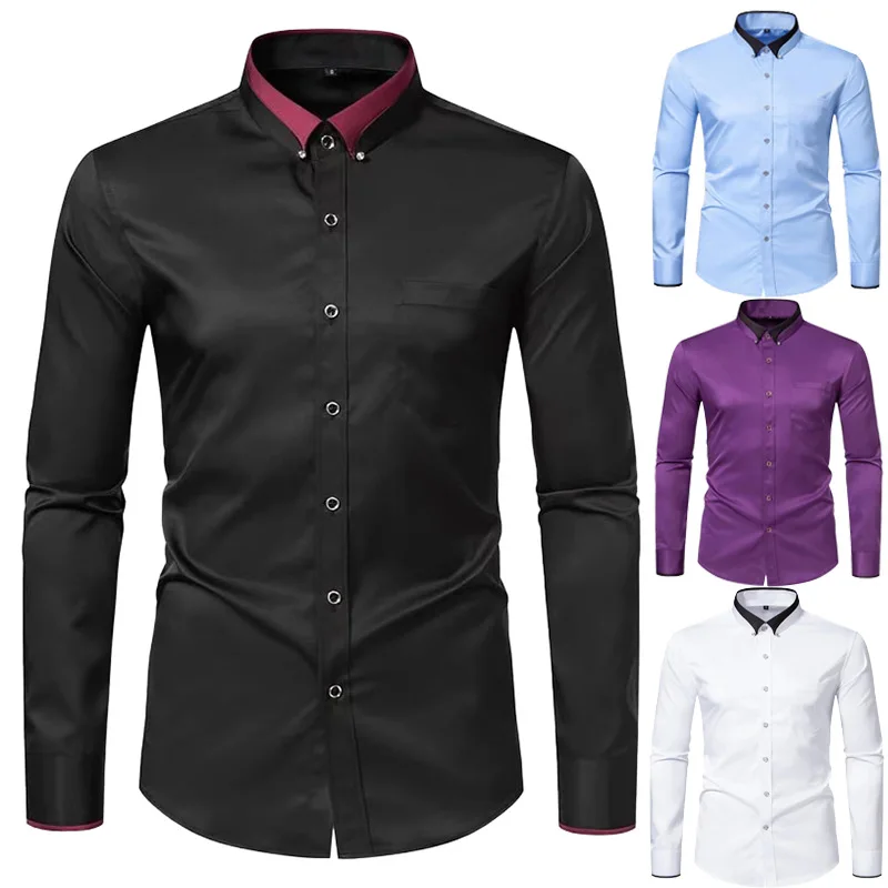 

Four sided elastic shirt, men's color matching diamond buckle lapel, business casual no iron, wrinkle resistant formal shirt