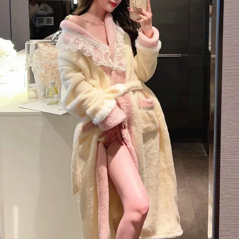 Winter Long Sleeve Thick Warm Flannel Kimono Robes for Women Korean Cute Coral Velvet Bathrobe Sleepwear Nightdress Night Dress