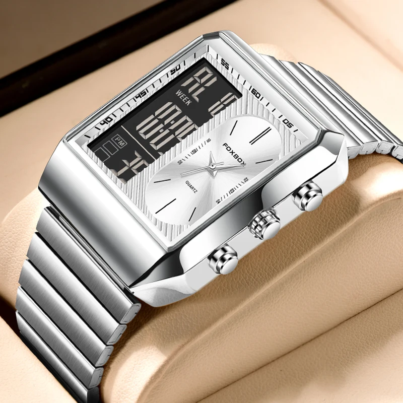 

Мужские электронные часы FOXBOX Fashion: деловые, простые, с ремешком из нержавеющей стали, повседневные, спортивные, с будильником, двойным цифровым дисплеем