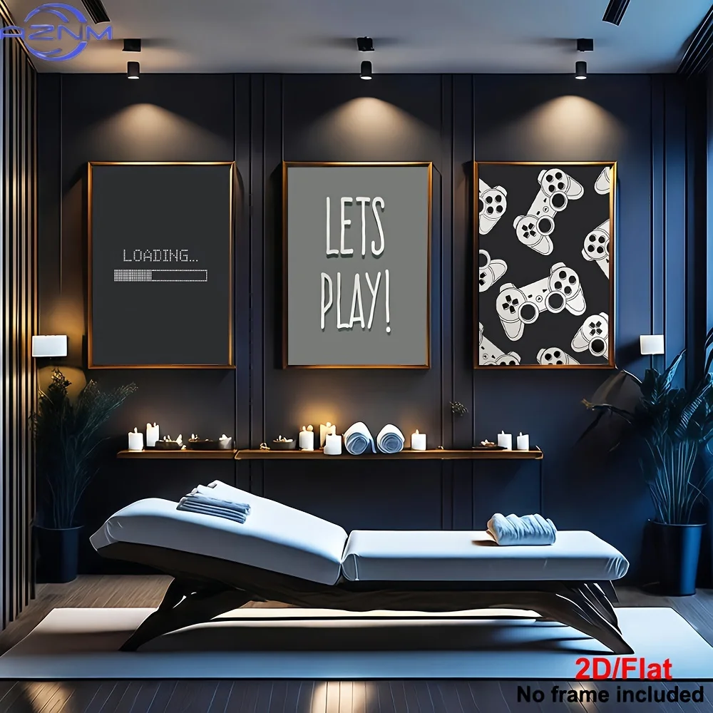 3pcs Large Gaming Wall Art Set - Frameless Modern Video Game Poster Prints (/PC/Xbox) - Black & White Controller Design for Boys