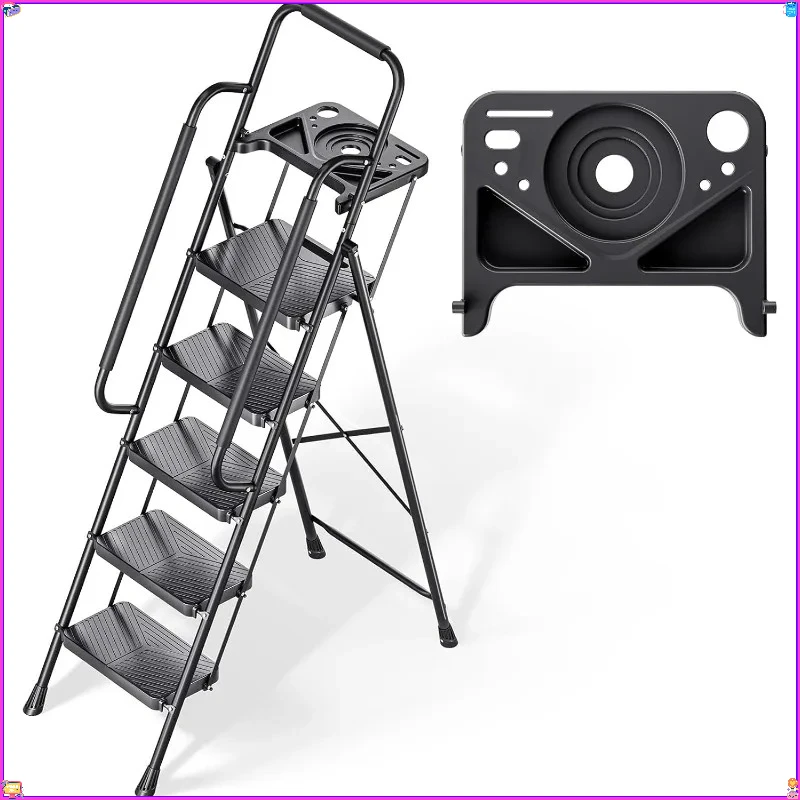 5 Step Folding Steel Ladder - 500 lbs Capacity, Safe-Lock Design - Tool Platform & Handrail