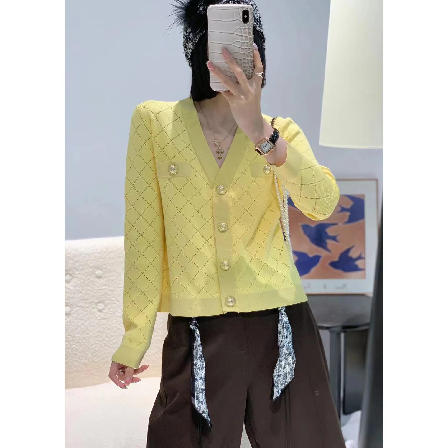 

Autumn 2025 Design Sensation Color Blo V-ne Plaid Faionable Versatile Slimming Knitted Open Cardigan Top Women's Wear