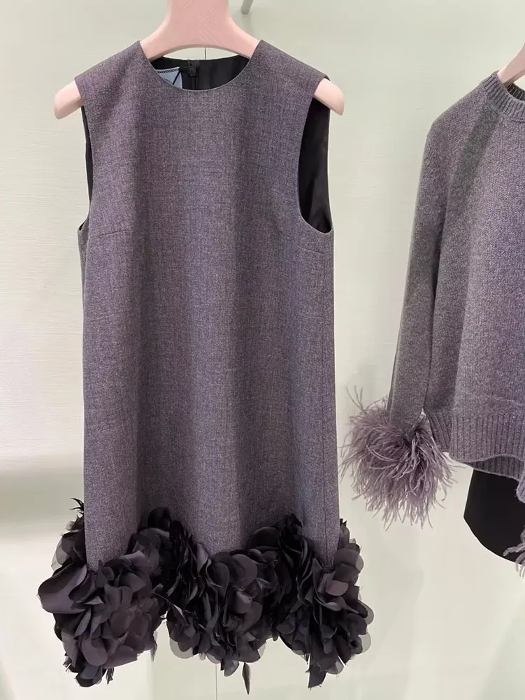 2023 jesienno-zimowe nowe francuski styl Grey piór sukienki bez rękawów dla kobiet moda elegancka damska sukienka Y4729