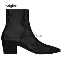 Bright Leather High Heeled Chelsea Boots for Men Pointed Toe Side Zipper Fashion Ankle Boots British Style Business Male Shoes