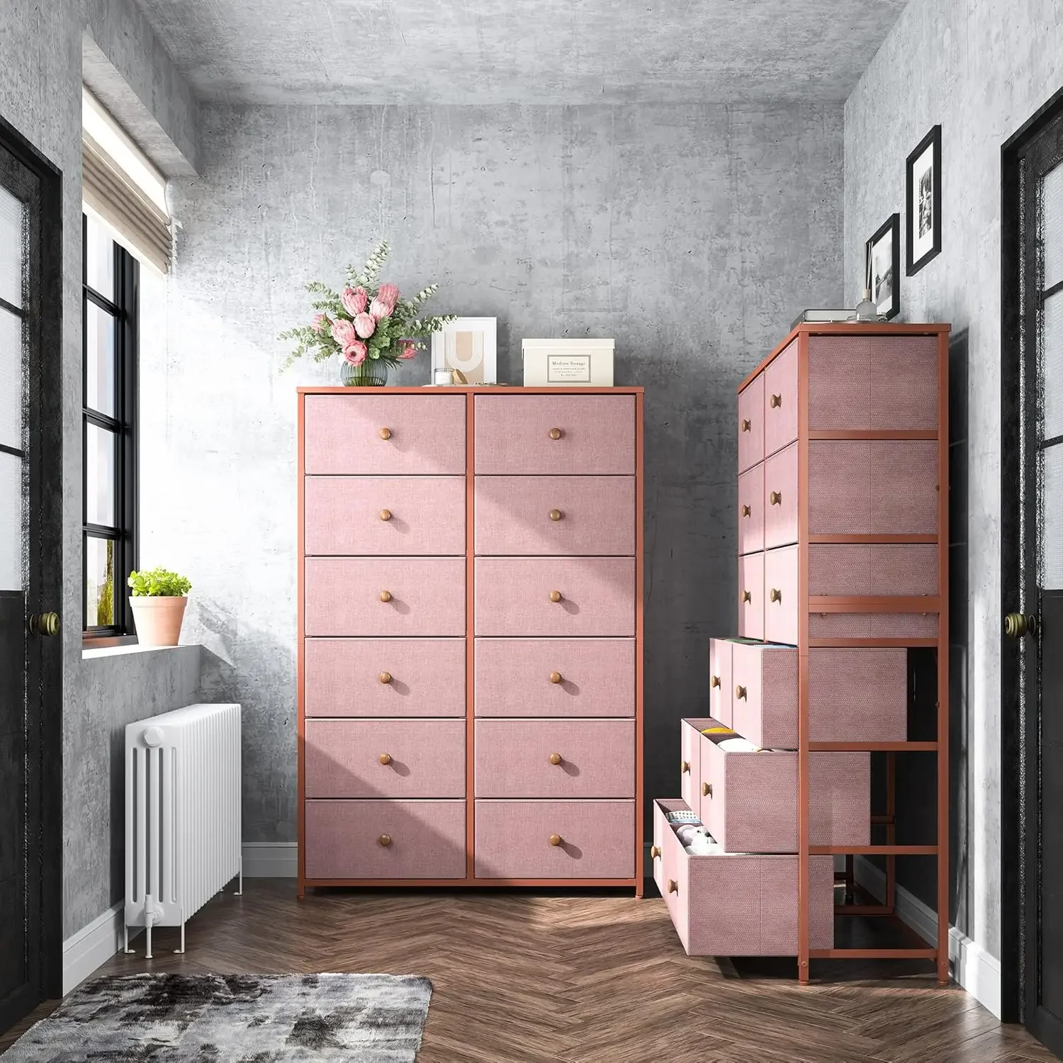 12 Drawers, Tall Dressers for Girls Bedroom with Wood Top Metal Frame, Chest of Drawers for Bedroom, Closets, Pink, 11.9" D x 34