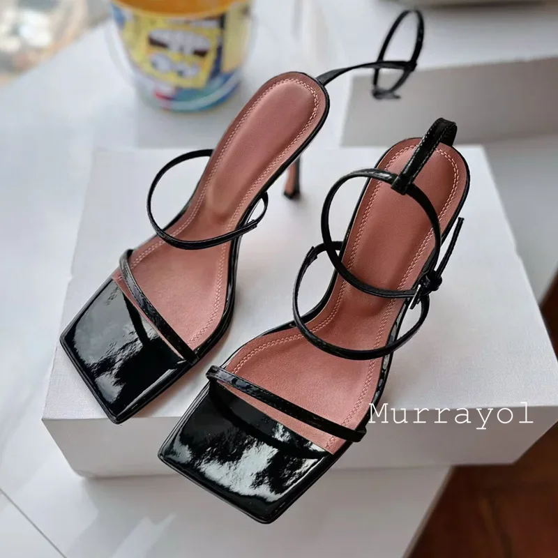 여성용 스퀘어 토 얇은 힐 샌들, 원 스트랩, 정품 가죽, 섹시 샌들, 여름 파티 원피스 슈즈, 웨딩 슈즈 펌프스, 신상