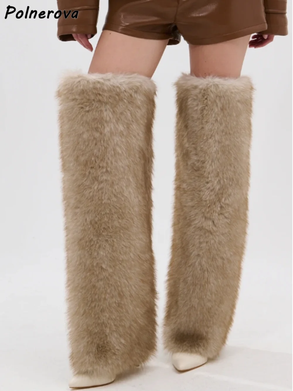 Furry Warm Thigh High Boots Pointy Toe Thin Heels Slip On Fashion Luxury Shoes Winter Sexy Women Concise Black Beige Boots 2025 - Image 3