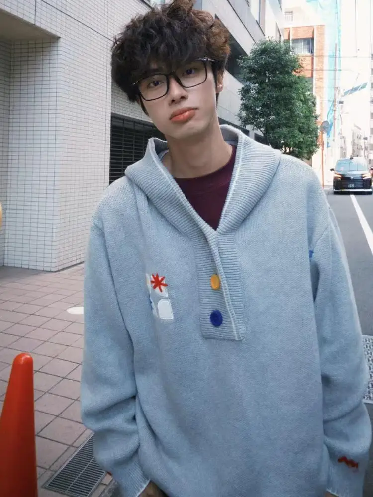 

Retro American Embroidered Color Blo Knitted Hat Sweater Men Women Autumn Winter Trendy Brand Couple Hooded Jaet