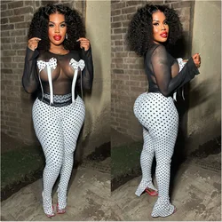 DSMTRC Woman's Long Sleeve Sheer Bow Top+Long Trousers Sexy Two Piece Set Club Outfits Female Party See-through Polka Dots Suits