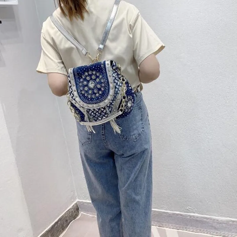 Bag handbags new 2023 fashion denim bag canvas multi-function bag woven belt diamond bag single shoulder tassel bag