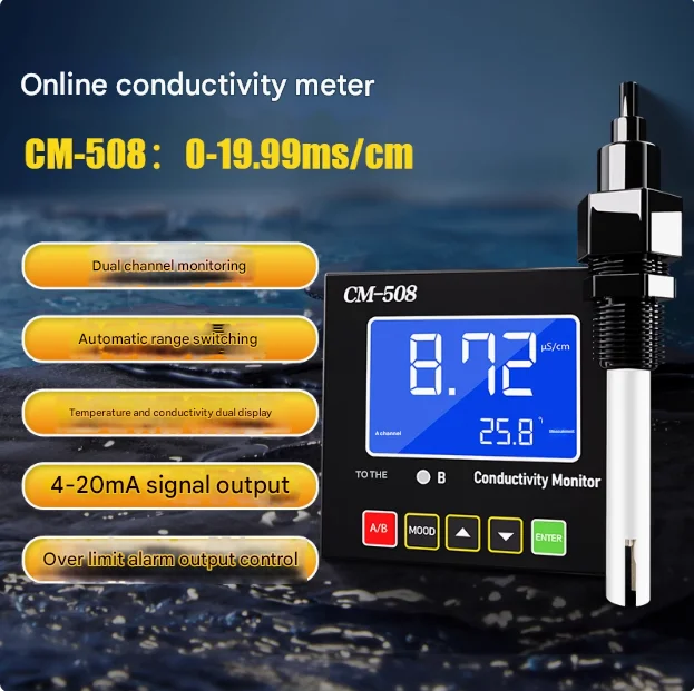 

CM-508 dual-channel 19.99ms with temperature display, over-limit alarm control Resistivity electrode water quality tester
