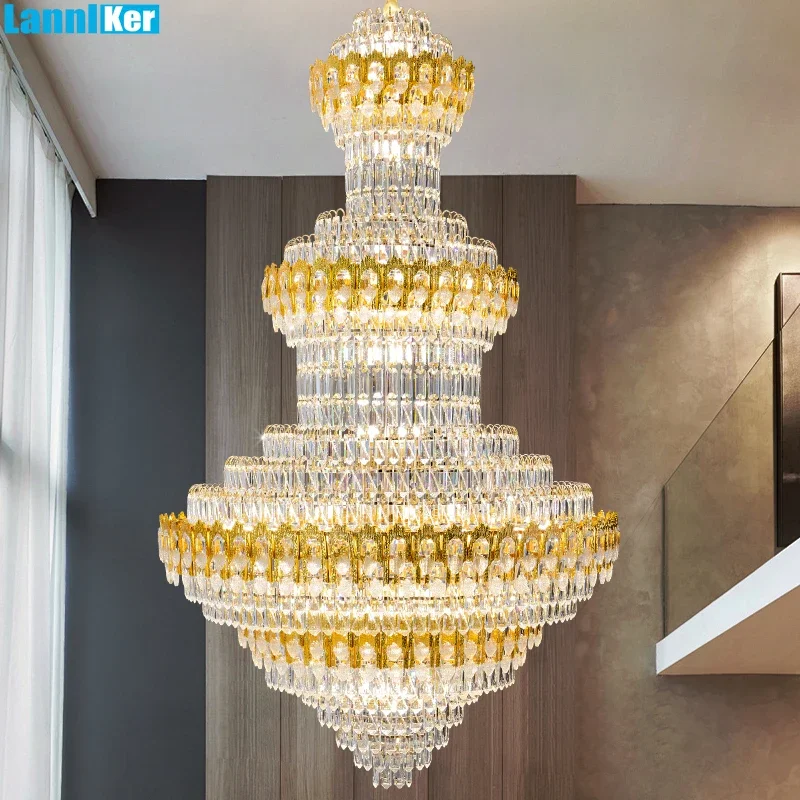 

European Villa Living room Chandelier Hotel Post-Modern Light Luxury Atmosphere Rotating Duplex Staircase Crystal Chandelier