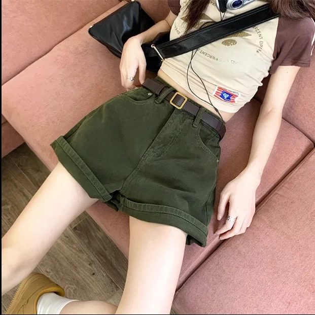 Retro Green Denim Shorts Women's Summer Thin Design Loose Wide Leg High Waist A-Line Cuffed Hot Pants High Waist Wide Leg Jeans