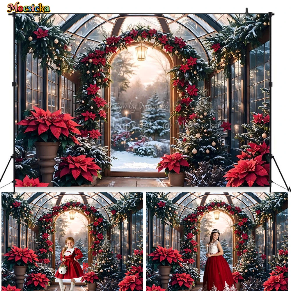 Christmas Flower House Background for Girls Photography Winter Snowflake Greenhouse Glass Door Xmas Wreath Backdrop Kids Photo