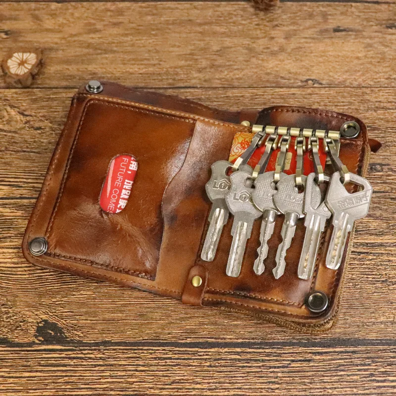 

Cowhide Men Women Key Wallet Vintage Genuine Leather Key Holder Organizer Pouch Coin Purses Keys Housekeeper Case Small Wallet