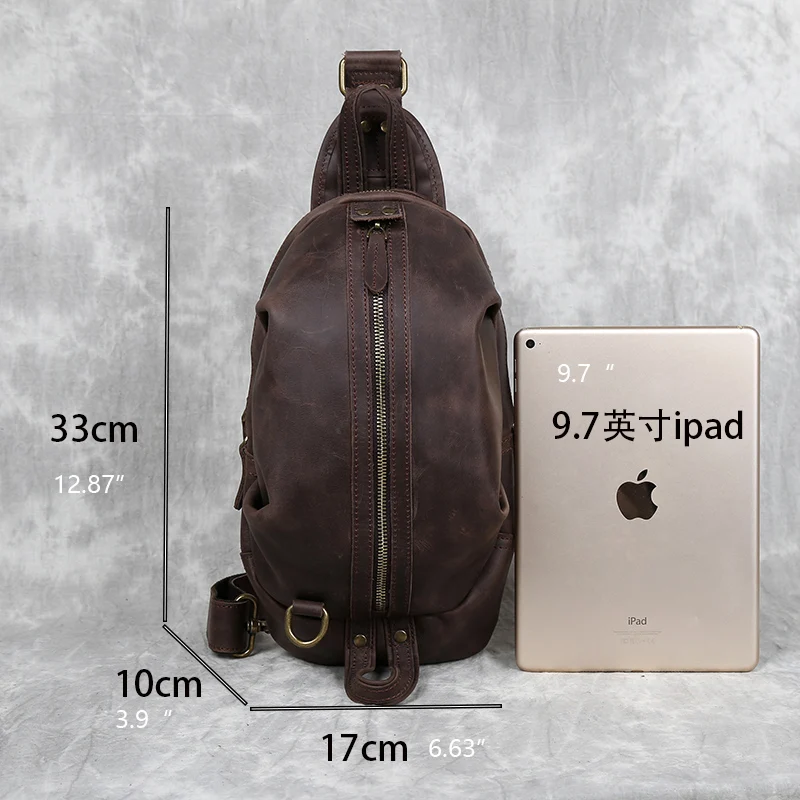 New Genuine Leather Chest Bag Men\'s Crazy Horse Leather Large Capacity Retro Casual Fashion One Shoulder Crossbody Bag