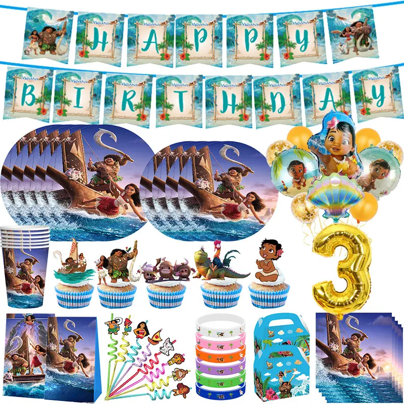 Vaiana Moana Birthday Decoration Balloons Set Tableware Cup Plate Straws Gift Bags Kit Disney Happy Baby Theme Party Deco Supply