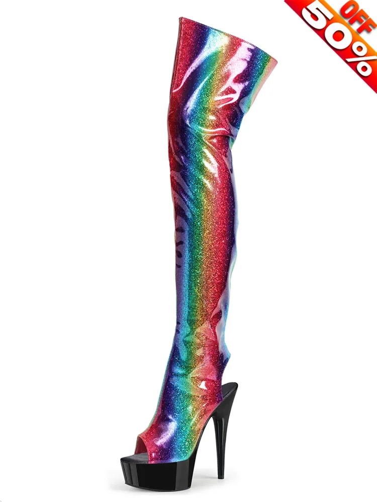 Sexy Fetish Rainbow Boots Open Toe Strips Nightclub Pole Dance Exotic Thin Heels 5Inch Platform Women 8Inch Over The Knee Boots