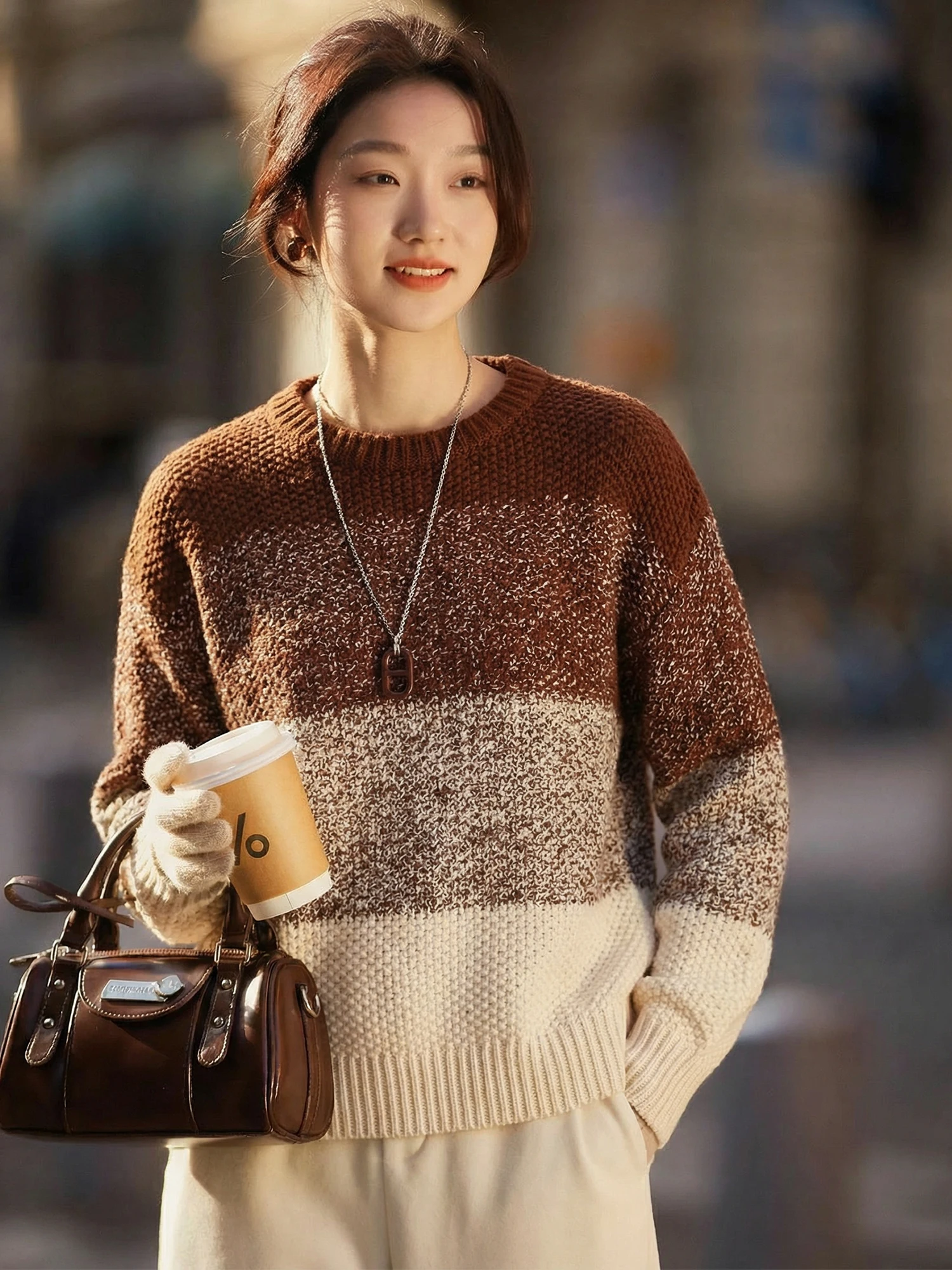 

Вязаный шерстяной свитер Chivirin Adient Color для женщин, повседневный, свободного кроя, с длинным рукавом, круглым вырезом, базовая модель, весна-осень, новинка