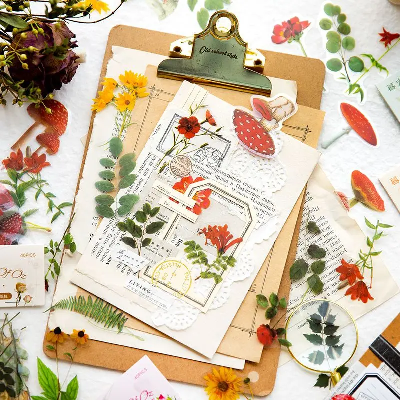 40Pcs/Lot Plant Element PET Sticker Flower Leaf Mushroom Shape Decal Scrapbook Stationery Album Journal DIY Decor Label Gifts