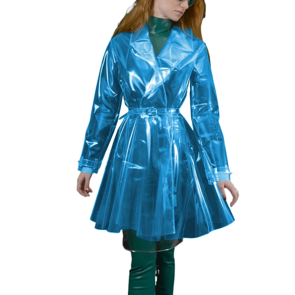 Long Sleeve Vinyl Plastic Lapel Neck A-line Belted Trench Coat Punk Night Show Clear PVC Dress Coats Fetish Wet Look Clubwear